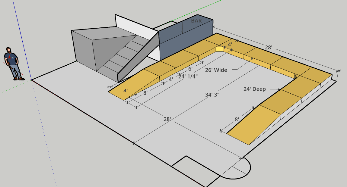 A 3D sketch plan of an outdoor bar and seating area with measurements, including a bar, stairs, and surrounding structures.