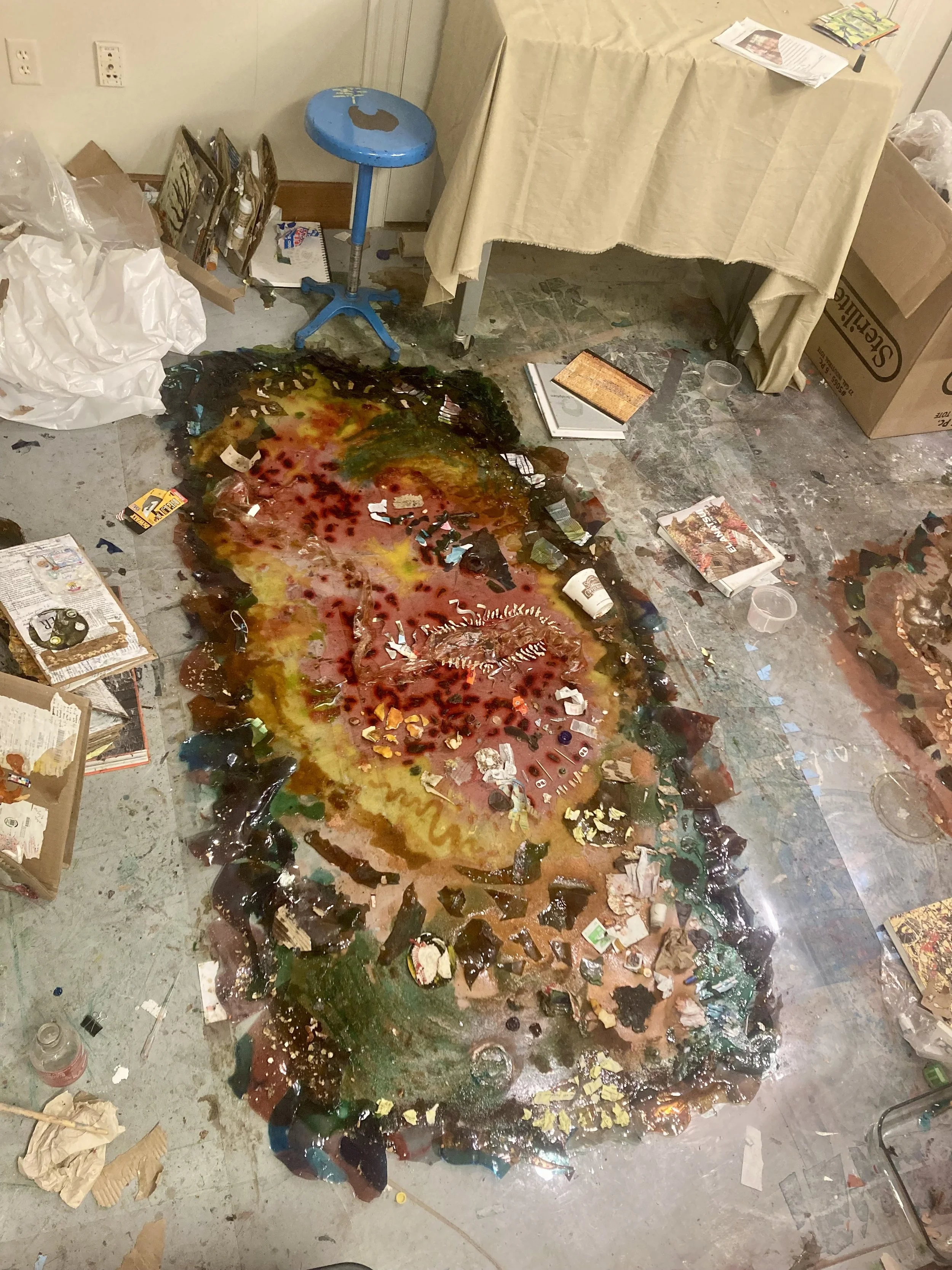 bioplastic drying on an 8ft sheet of plexiglass