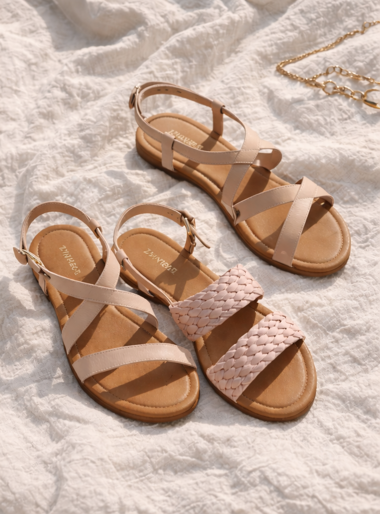 Two pairs of beige or light pink sandals with straps, one featuring braided straps, placed on a white fabric surface with a gold chain accessory nearby.