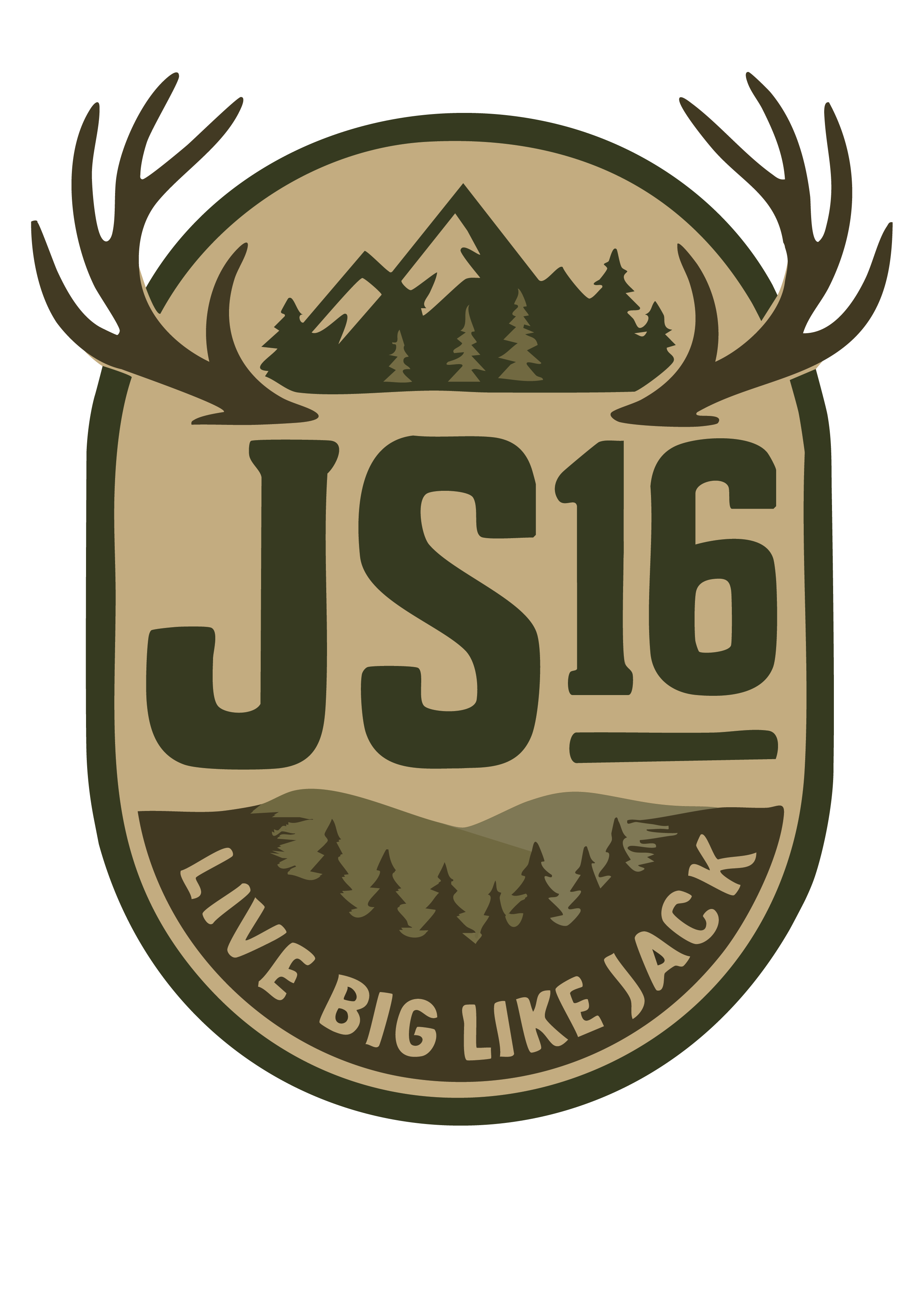 Illustration of a badge with mountains, trees, and antlers, featuring text that reads 'Live Big Like Jack'.