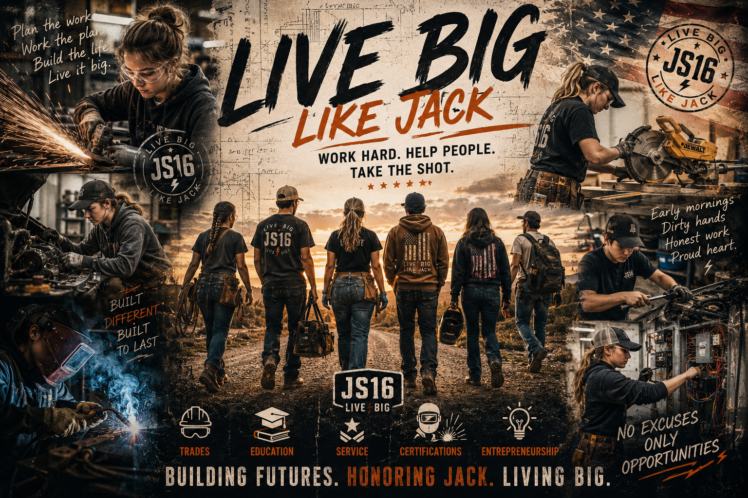 Group of young workers in a construction or industrial setting, wearing safety gear, working on machinery, and walking on a dirt road at sunset, with an American flag in the background and motivational slogans about work and patriotism.