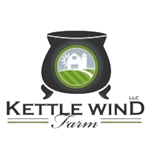 Logo for Kettlewind Farm featuring a black kettle with a green circular window showing a house, trees, and fields, with the farm name below in stylized text.