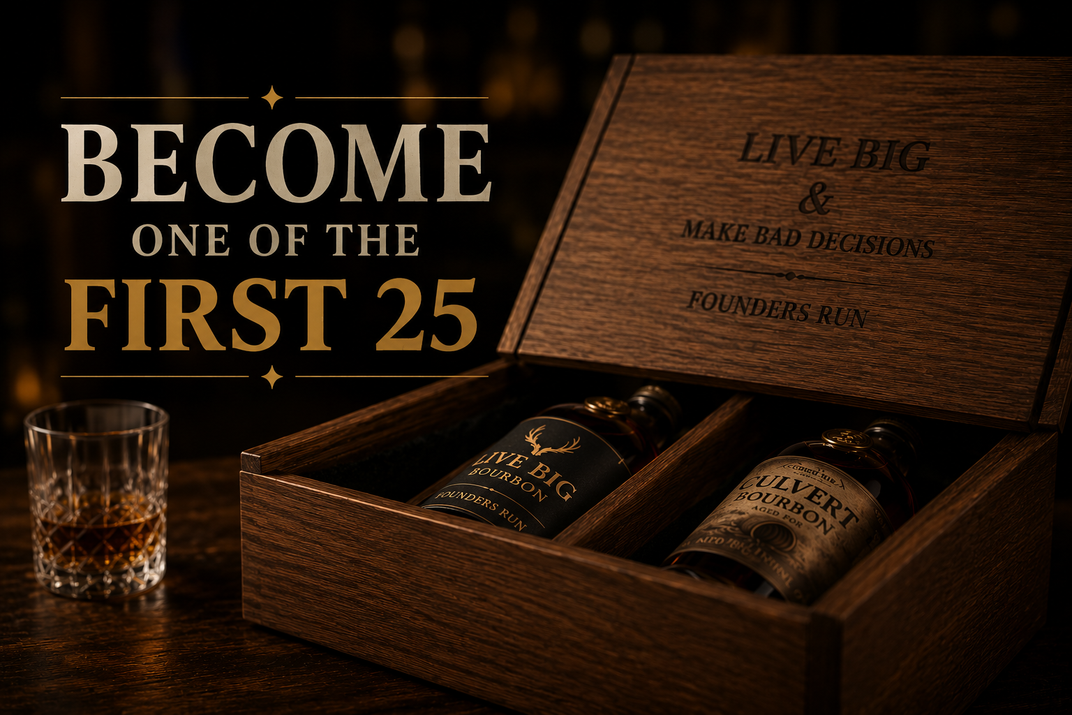 A wooden box containing two bottles of bourbon, with a glass of bourbon next to it, and the phrase 'Become one of the first 25' written beside it.