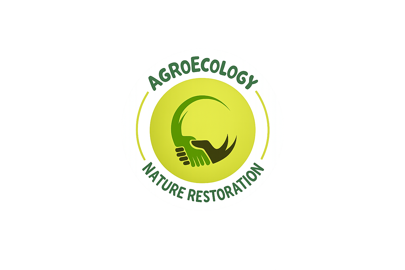 Logo of the Agroecology Project, with two hands clasping, one that is green and the other black, surrounded by a circle with the words, 'AGROECOLOGY' and 'NATURE RESTORATION'.