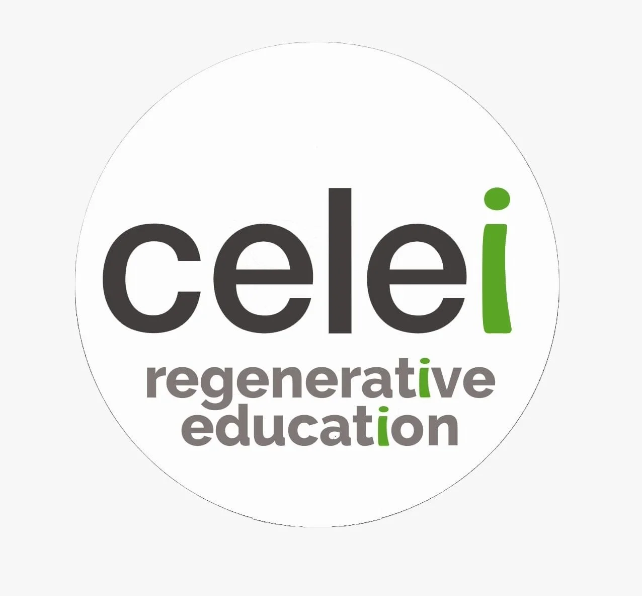 Logo con testo 'cele i' in grandi caratteri black e green, sotto 'regenerative education' scritto in gray e green.