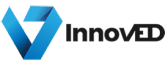 Logo InnovED su sfondo blu con effetti grafici