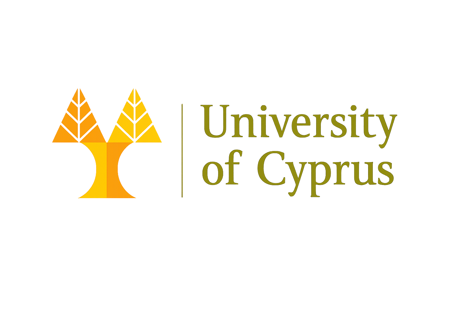 Logo dell'Università di Cipro con un'icona di tre piante stilizzate di colore arancione e la scritta 'University of Cyprus' in caratteri verdi.