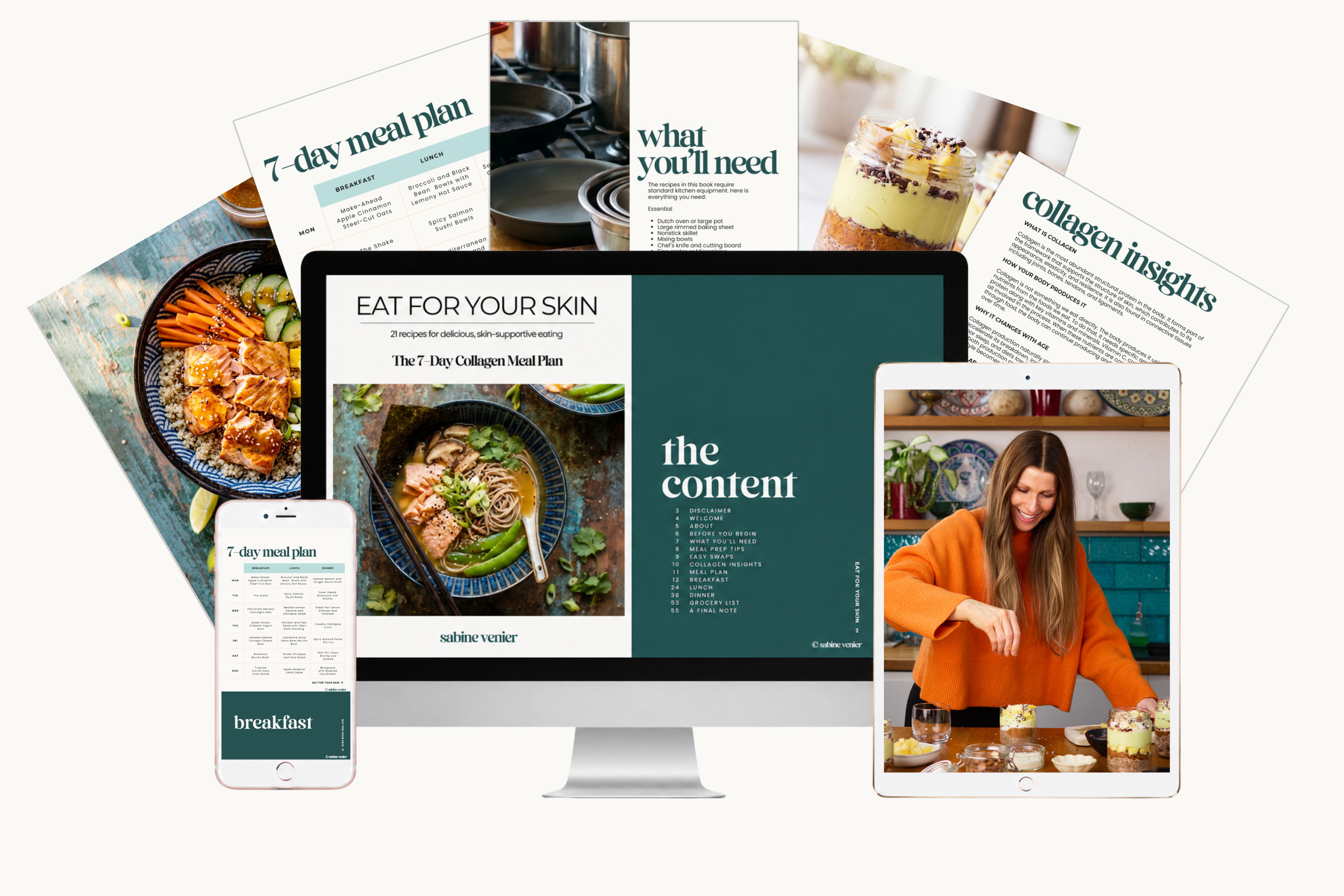 Collection of digital devices displaying a 7-day meal plan, recipes, and health insights, with a woman in an orange sweater preparing desserts at a wooden table.