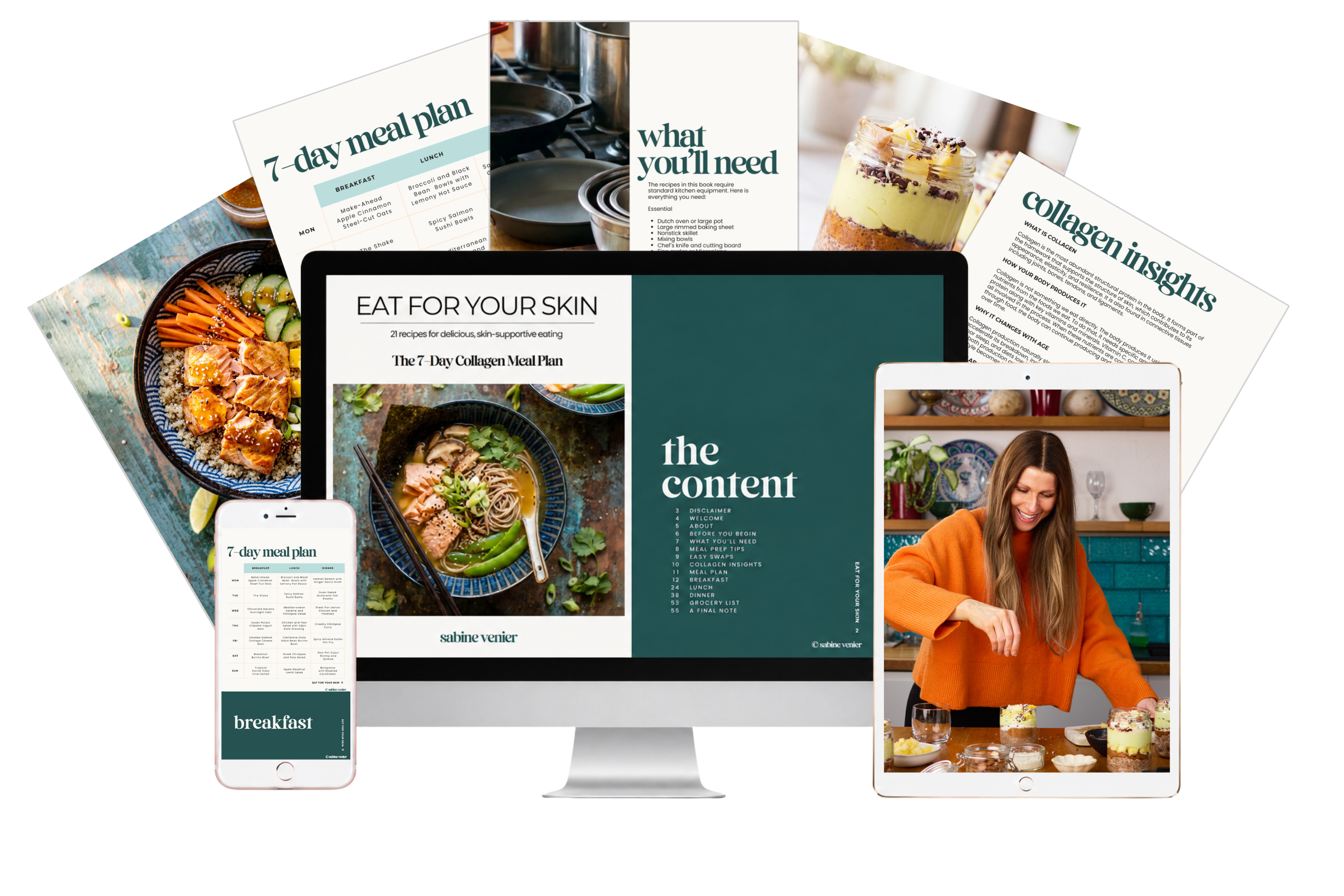 Digital collage of various screens displaying content related to meal planning, nutrition, and recipes, featuring images of food, a woman, and text on devices.