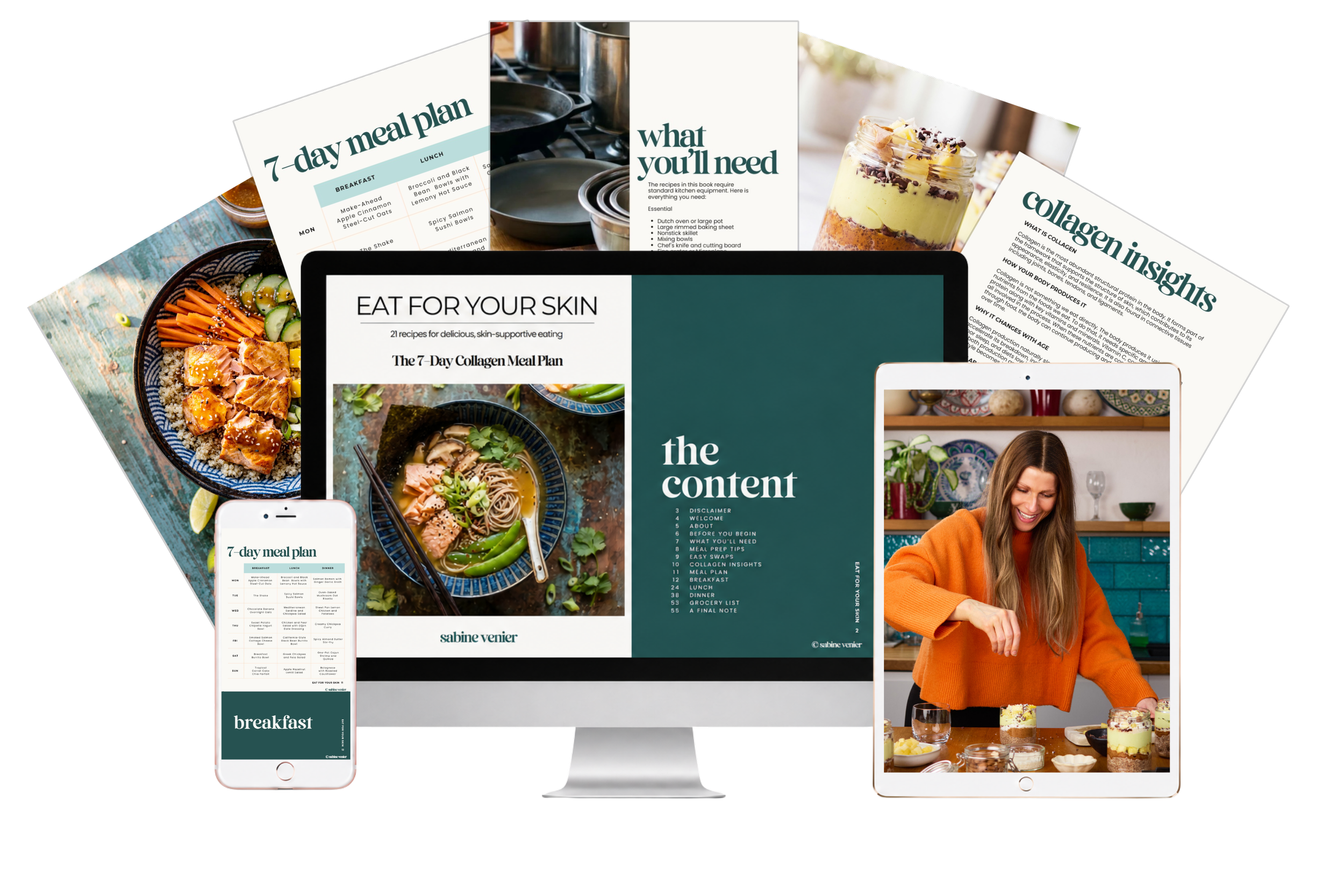 Collage of digital screens displaying meal planning content, recipes, and a women preparing food in a kitchen.