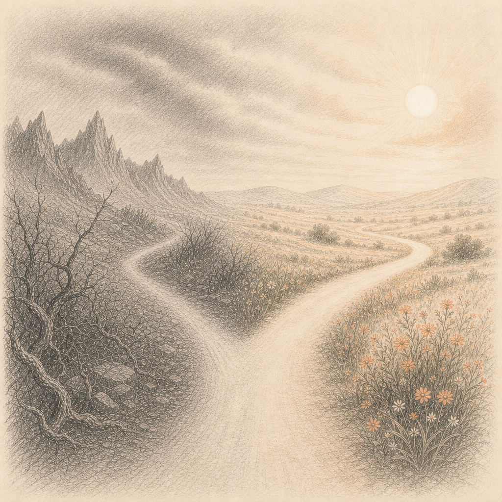 A sepia-toned landscape illustration of a winding dirt path through fields with orange and white flowers, leading towards mountains under a bright sun and cloudy sky.