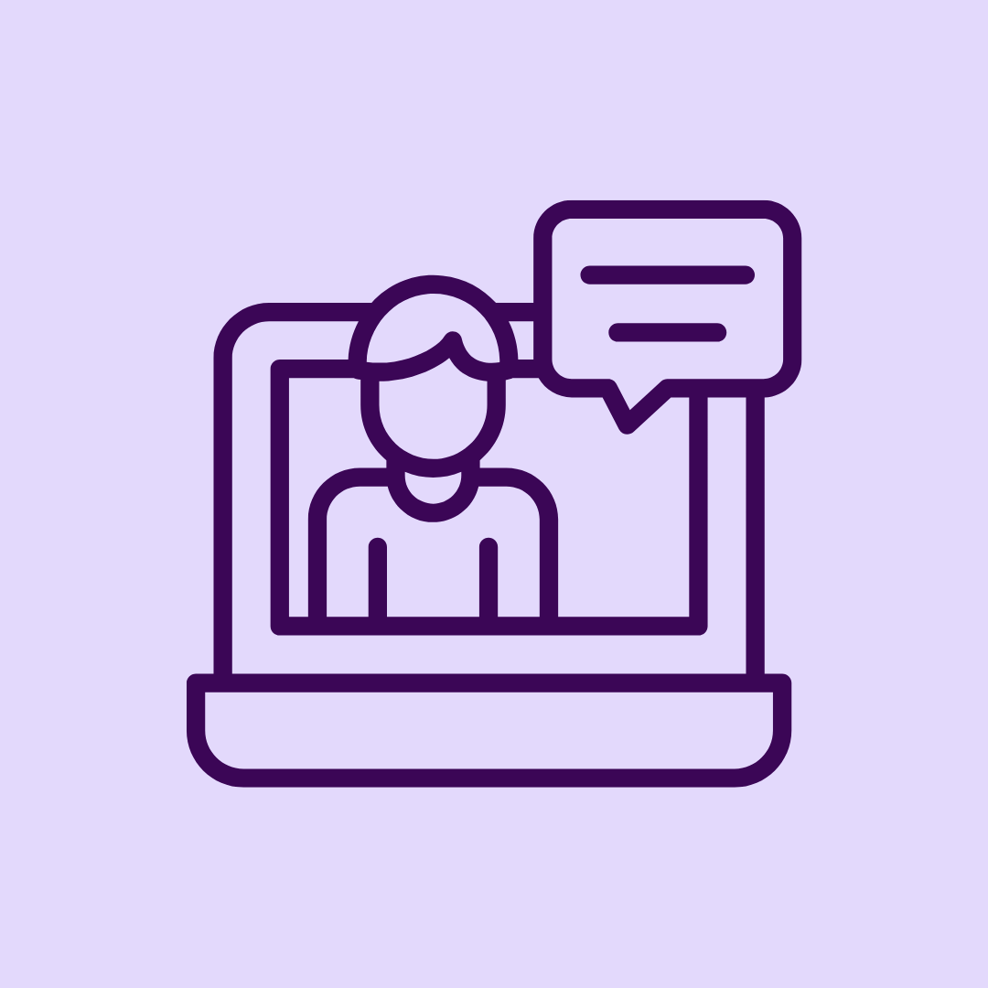 Line drawing of a person on a video call with a speech bubble next to them, displayed on a laptop screen.