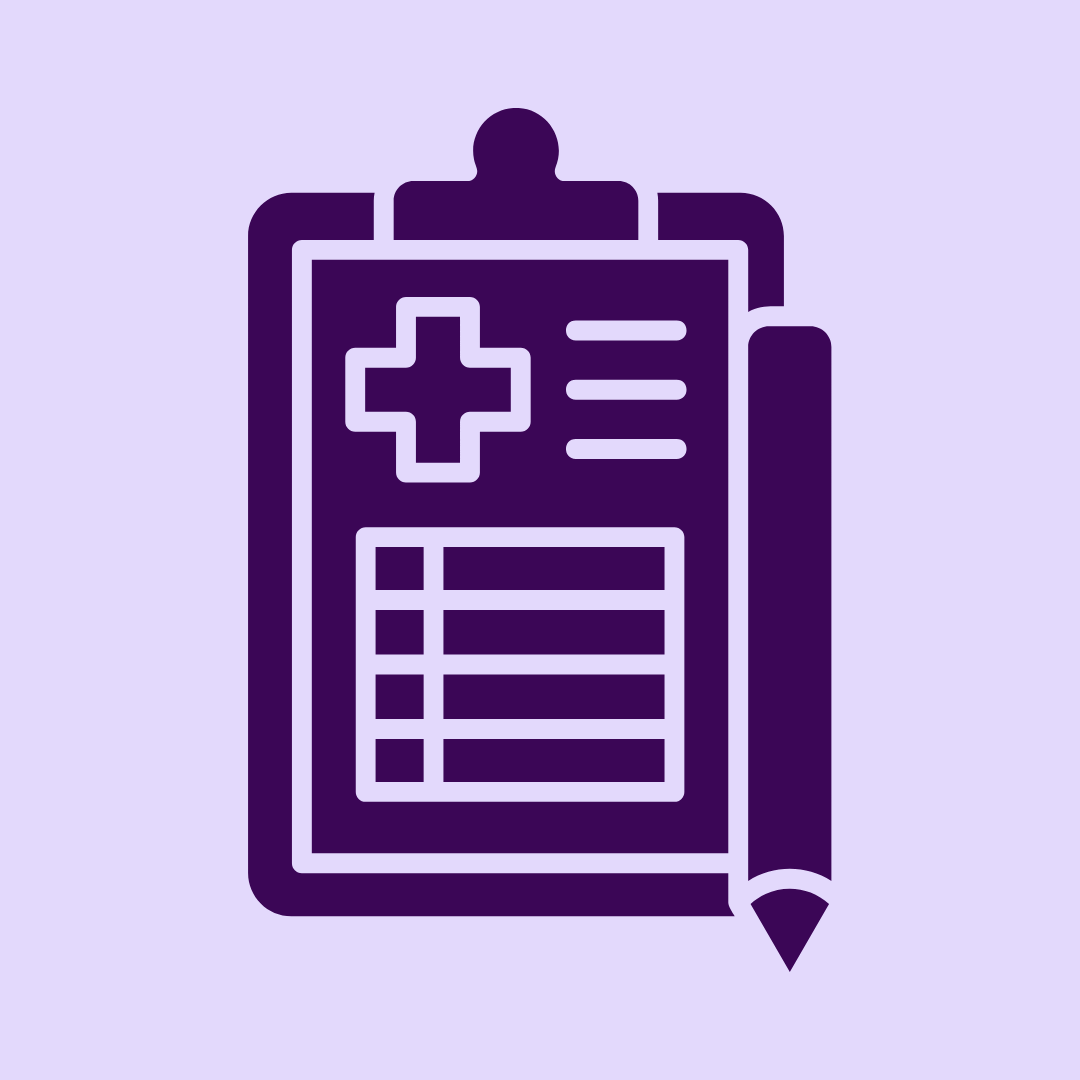 Icon of a clipboard with medical cross and checklist, and a pencil.