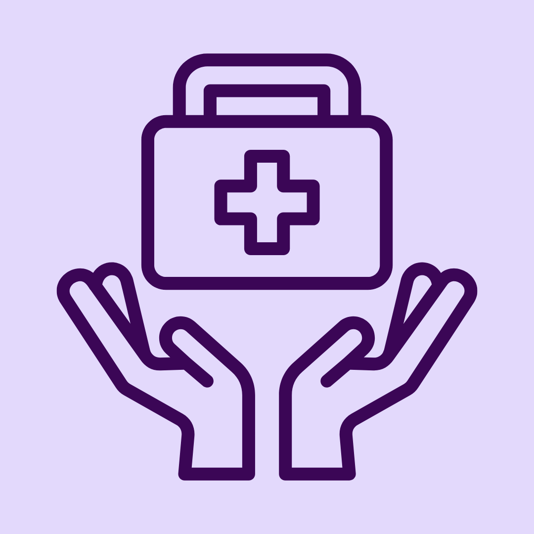 Outline of two hands holding a medical kit with a cross on it against a purple background.