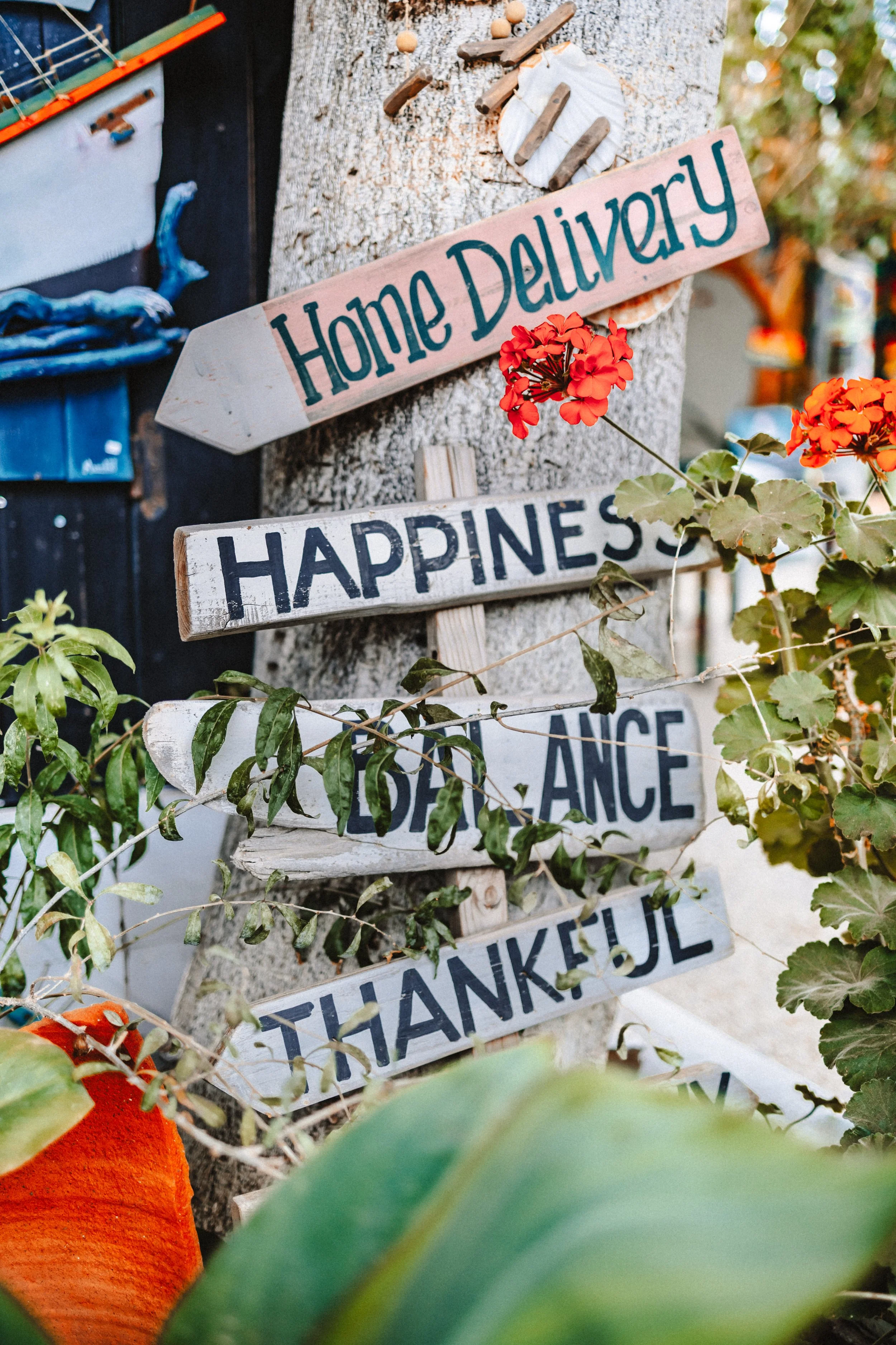 Ein Baum mit mehreren handgemachten Holzschildern, die mit Worten wie 'Home', 'Happiness', 'Balance' und 'Thankful' beschriftet sind. Es gibt rot blühende Pflanzen und grüne Blätter im Vordergrund.