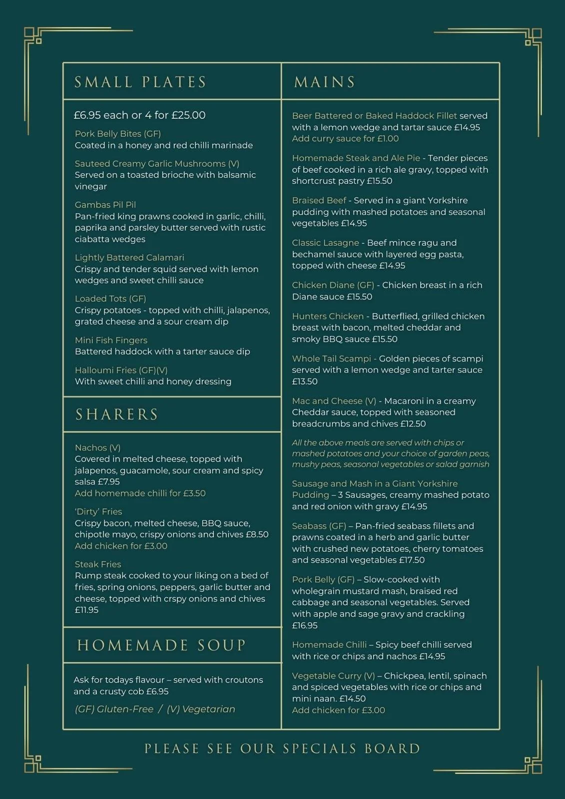 Menu featuring small plates, sharers, homemade soup, and mains, including dishes like pork belly bites, garlic mushrooms, calamari, fish fingers, fries, nachos, salads, and grilled meats.