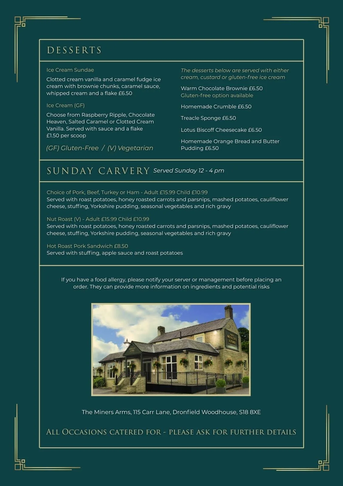 Menu for The Miners Arms pub, featuring desserts and Sunday carvery, with a photo of the pub building.