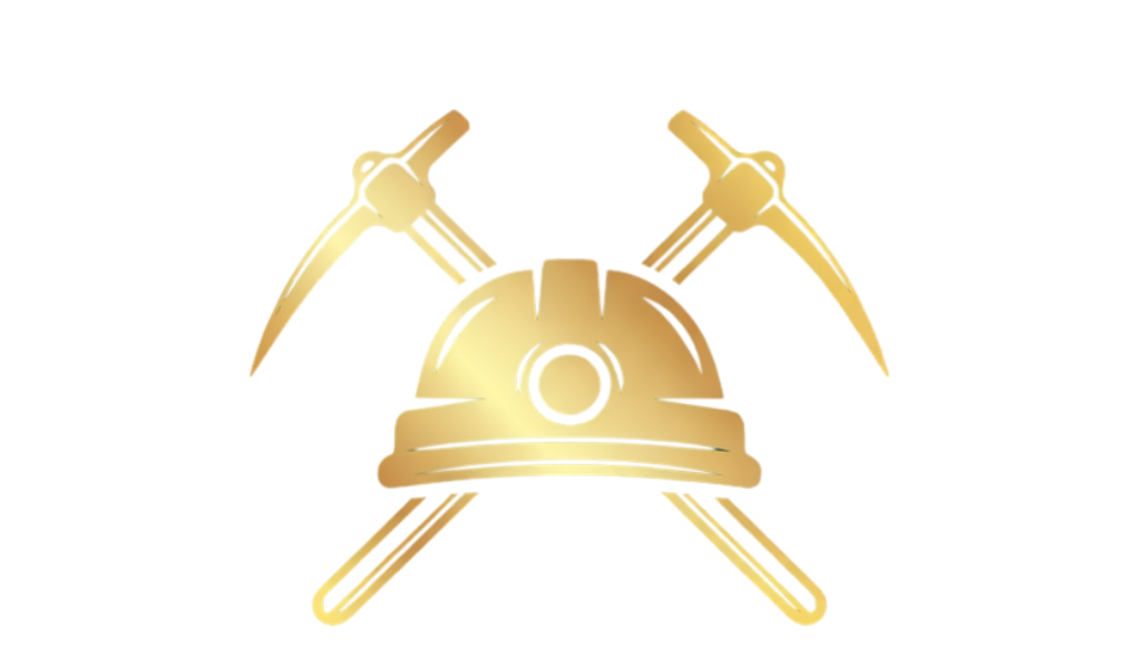 A gold-colored miner's helmet with a headlamp on the front.