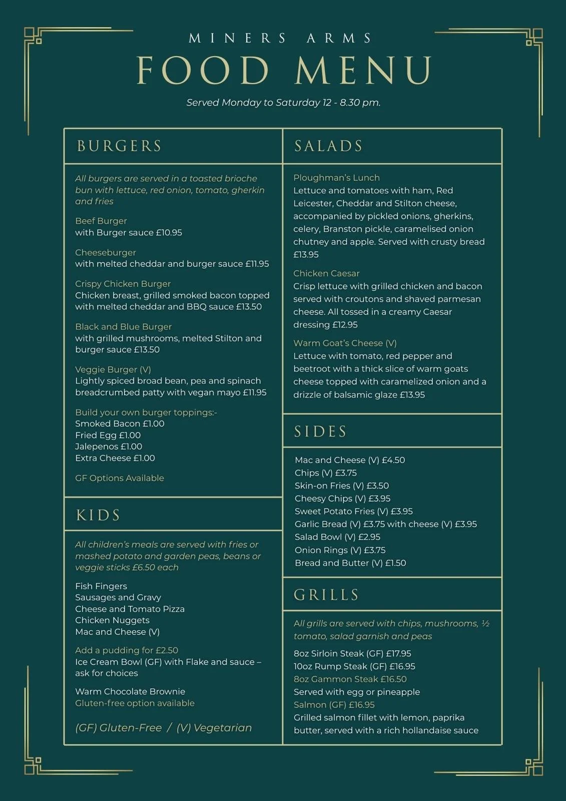 A food menu from Miners Arms with sections for Burgers, Salads, Sides, Kids, and Grills, listing various items and prices.