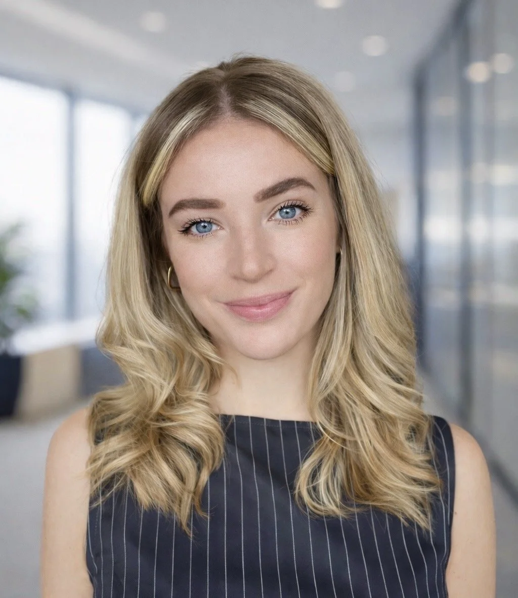 A young woman with blonde, wavy hair and blue eyes smiling at the camera in a bright, modern office setting.