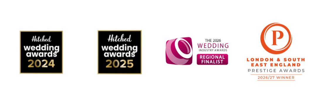 Four award logos for wedding industry achievements from 2024, 2025, 2026, and 2027, including regional finalist and winner designations.