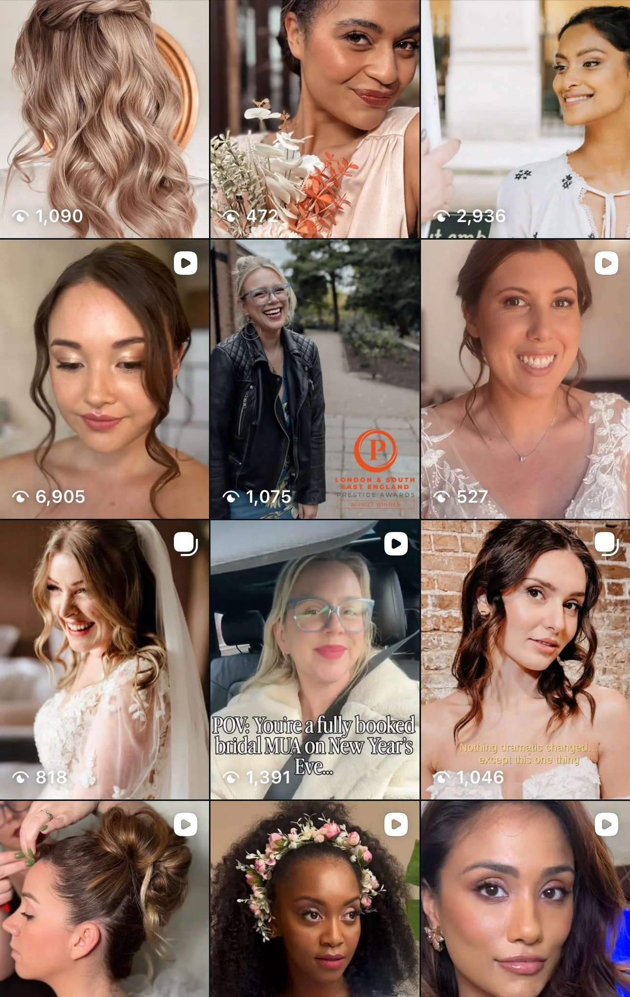 Collage of women with different hairstyles, makeup, and accessories, likely for special occasions like weddings, including close-up portraits and candid shots.