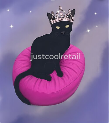Black cat wearing a crown, sitting on a pink cushion against a purple background with stars.