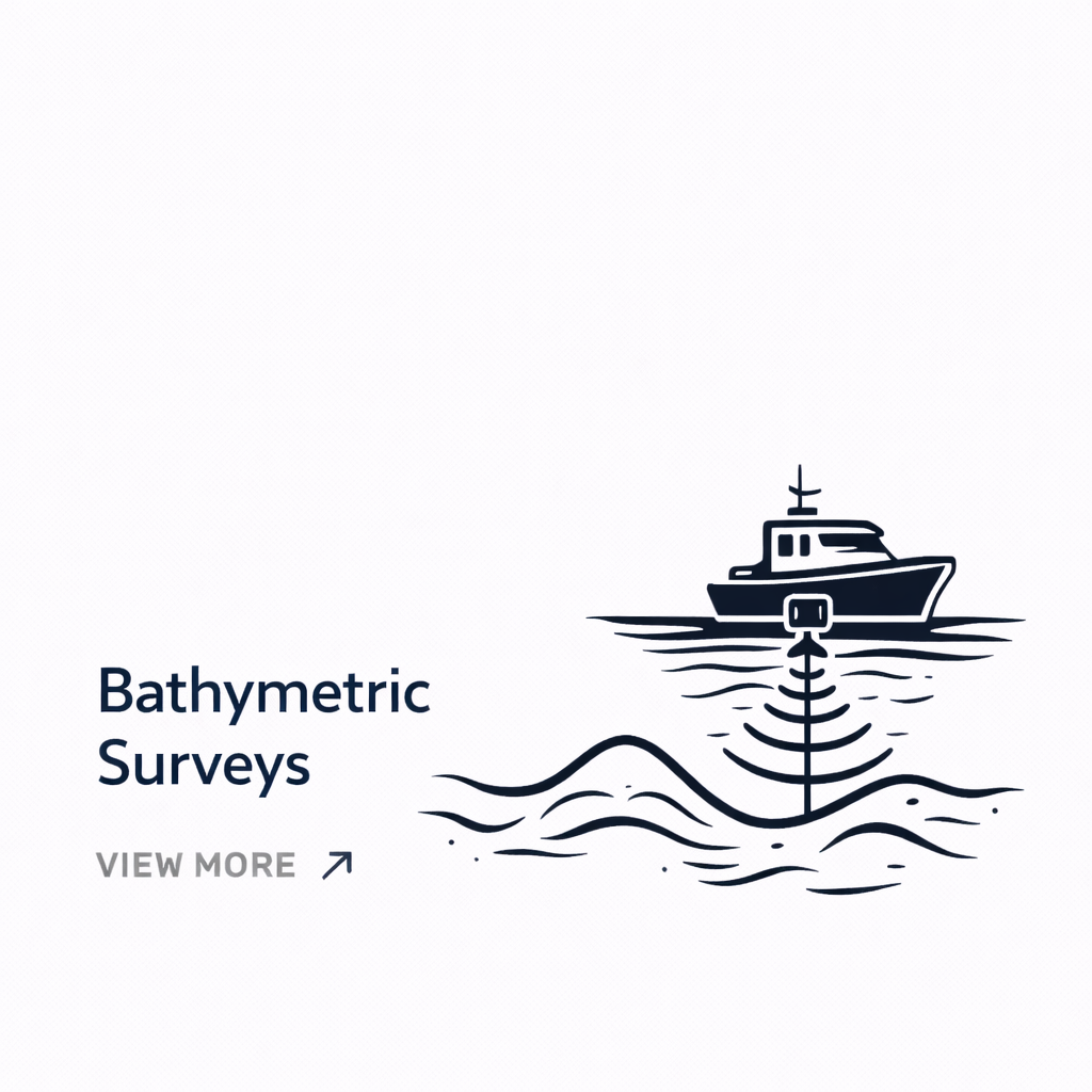 Line drawing of a boat on water with waves, accompanied by text saying 'Bathymetric Surveys' and a 'View More' link.
