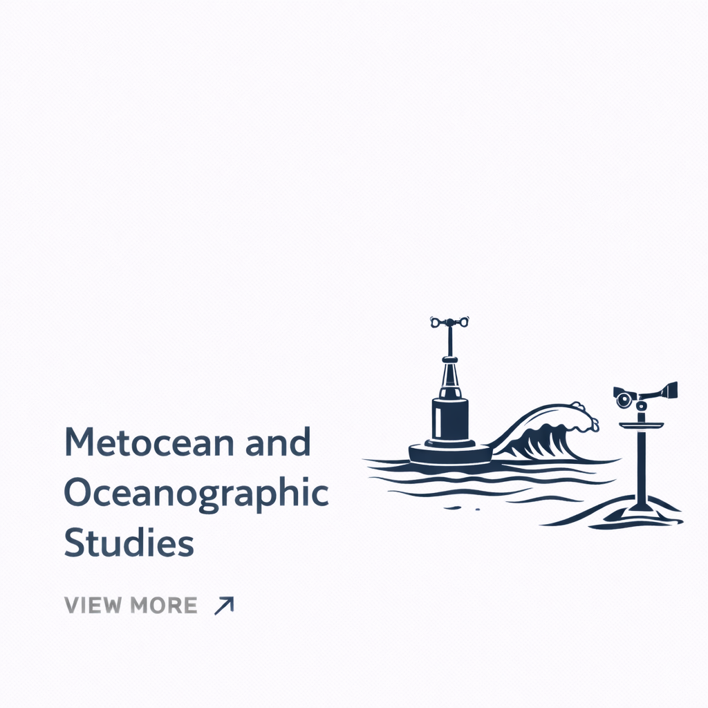 Graphic illustration showing a wave with a buoy and two underwater sonar devices, with a title 'Metocean and Oceanographic Studies' and a 'View More' button.