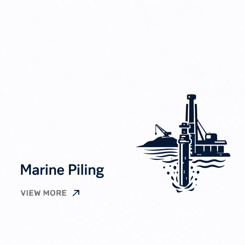 Illustration of an offshore oil rig with a crane and underwater drilling apparatus, labeled 'Marine Piling'