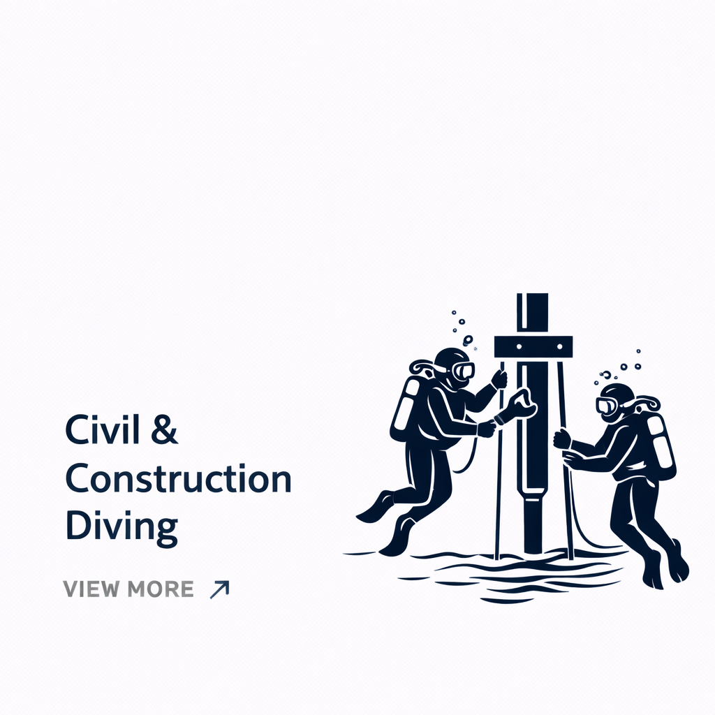 Two scuba divers in water working on an underwater construction or civil engineering project with tools and equipment.