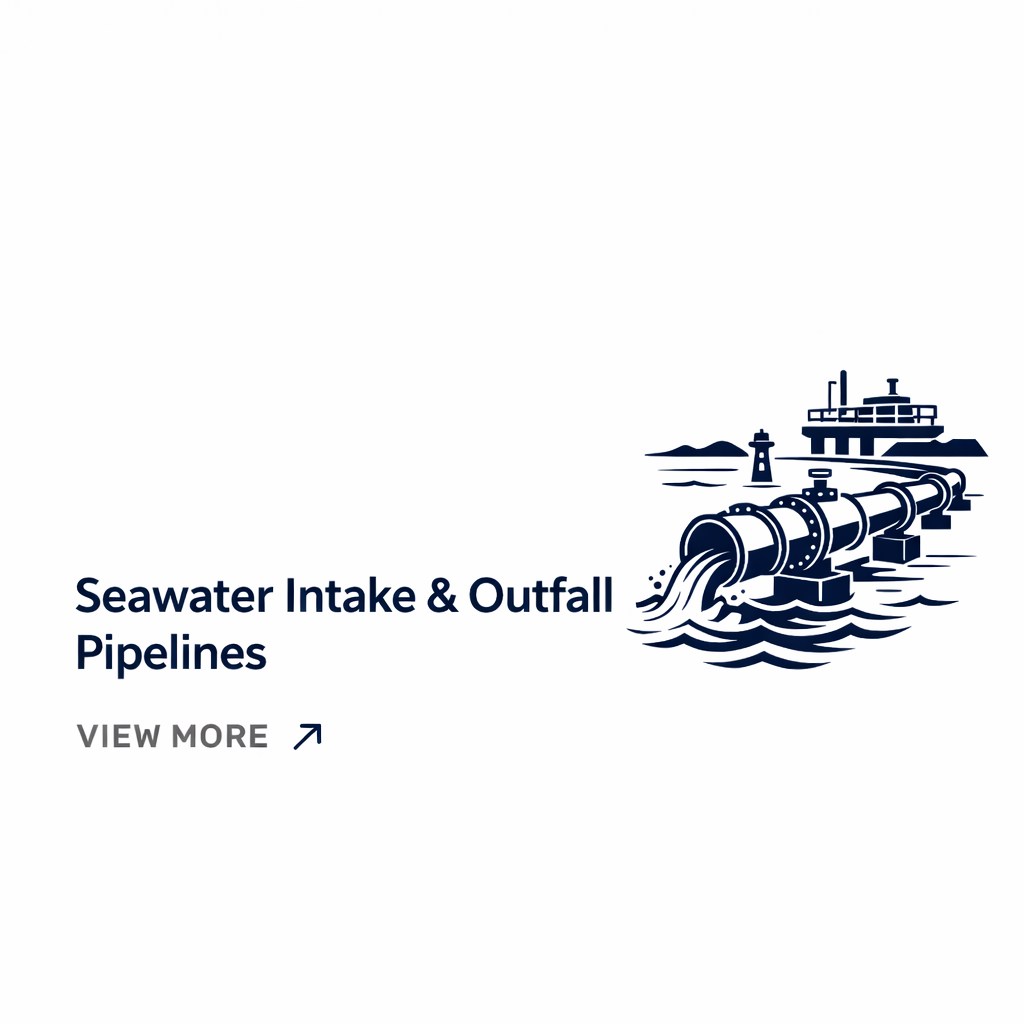 Illustration of a pipeline releasing water into the ocean, with a boat and lighthouse in the background, representing seawater intake and outfall pipelines.