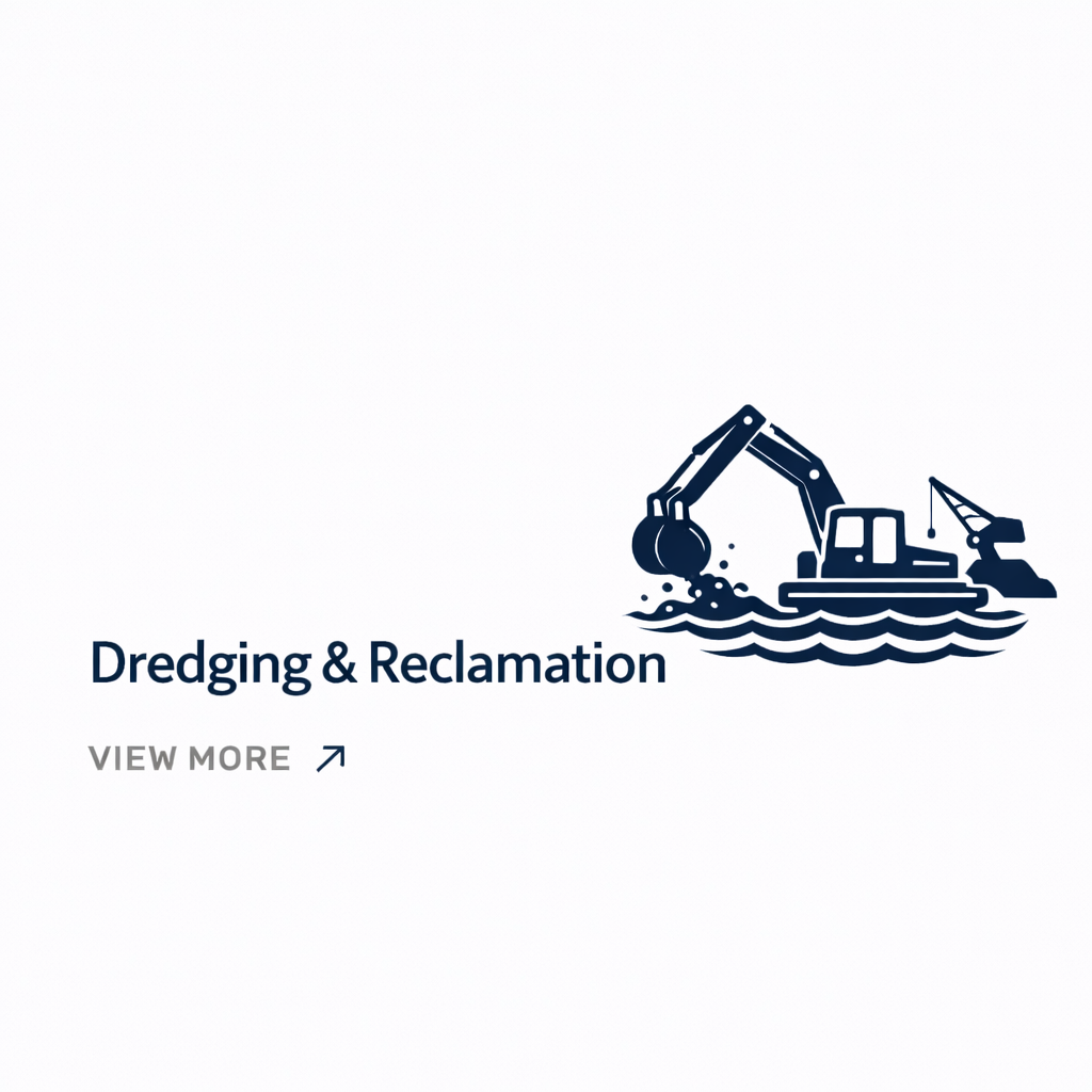 Illustration of a dredging machine operating in water, associated with dredging and reclamation services.