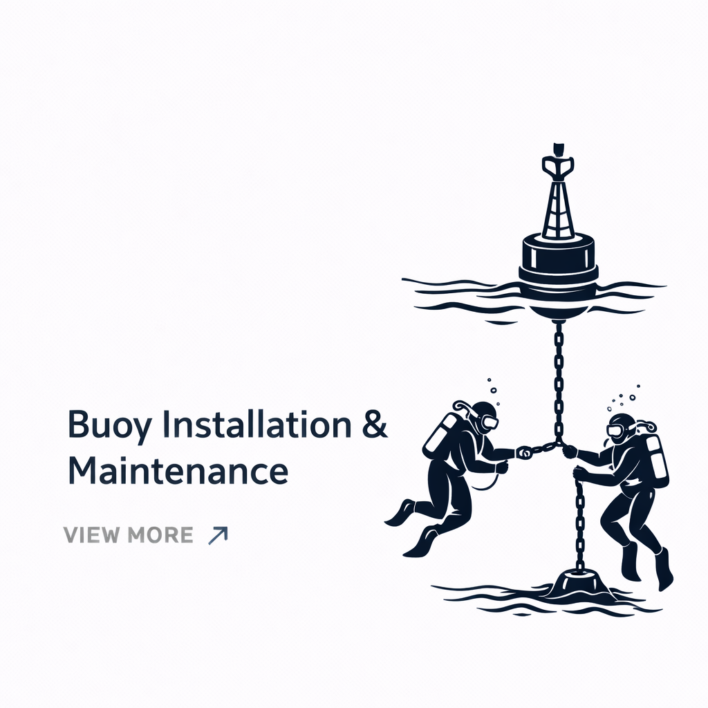 Illustration of two divers connecting a buoy chain, with the buoy floating on water and a lighthouse on top of it, symbolizing buoy installation and maintenance.