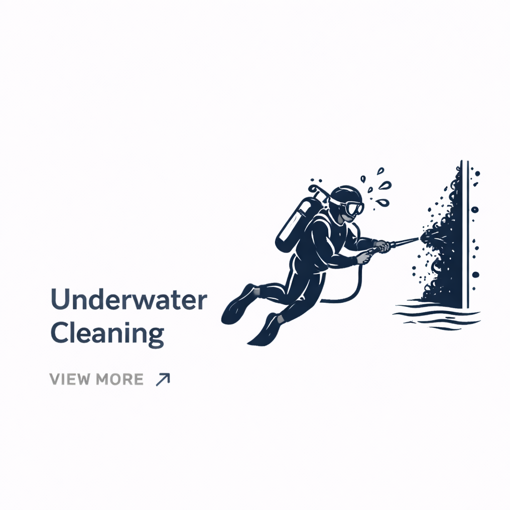 Illustration of a scuba diver cleaning a wall underwater with a hose, labeled 'Underwater Cleaning', with a 'View More' link.