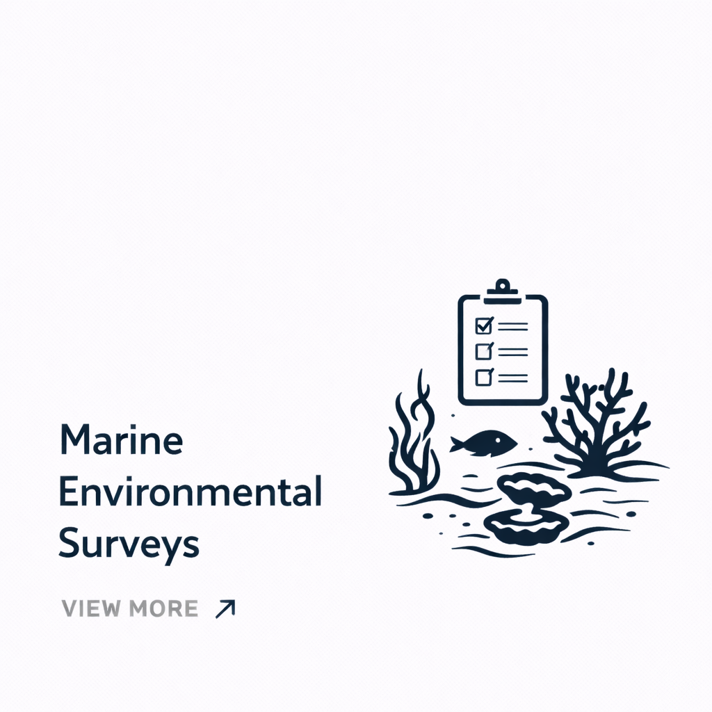Illustration of marine environment with seaweed, a fish, and a coral, alongside a clipboard with checkboxes, representing marine environmental surveys.