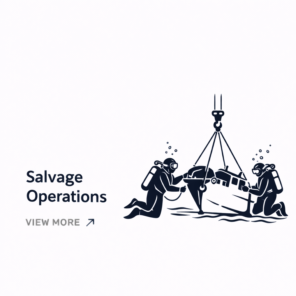 Illustration of two divers in wetsuits and scuba gear rescuing a sunken boat from water with a crane lifting it.