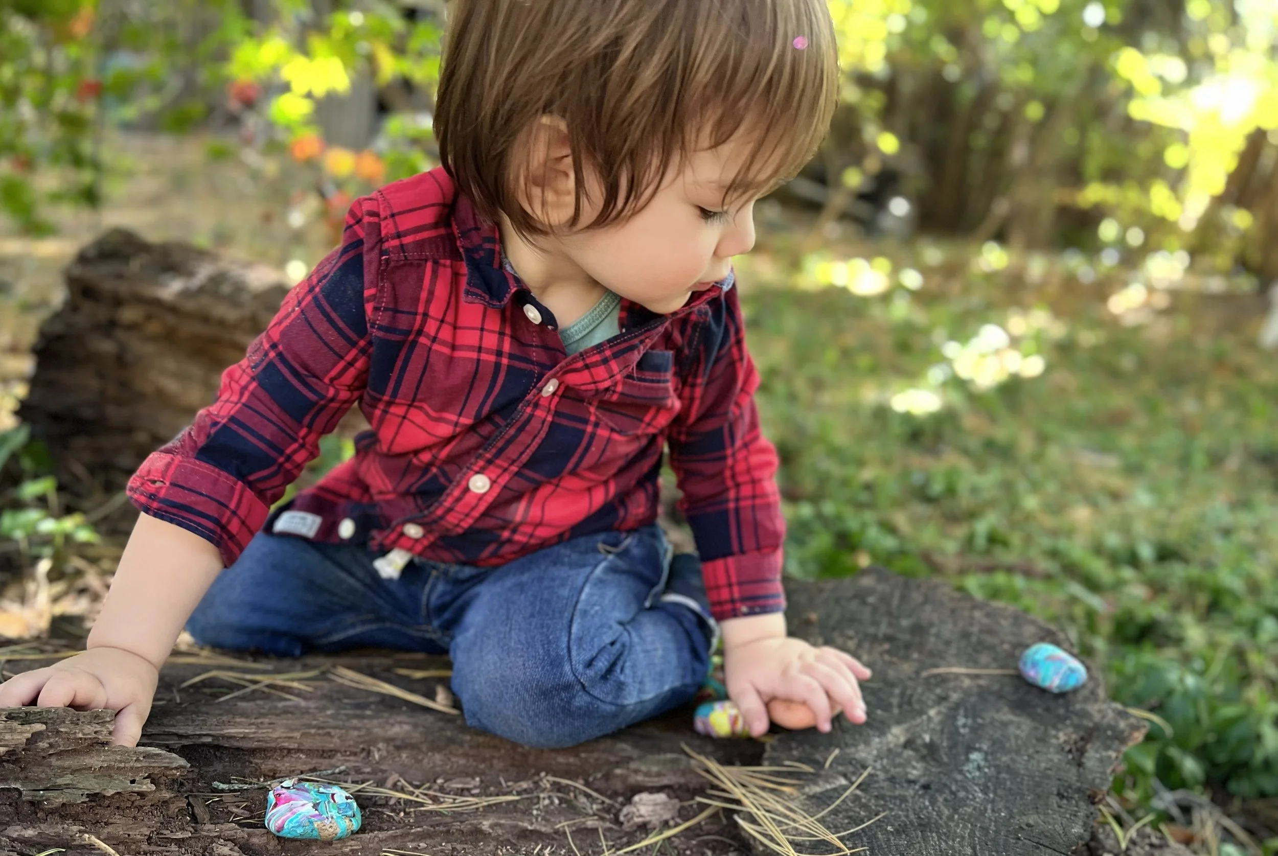 Young boy wearing a red plaid shirt and blue jeans sitting on the ground outdoors among greenery, looking at colorful decorated Easter eggs.