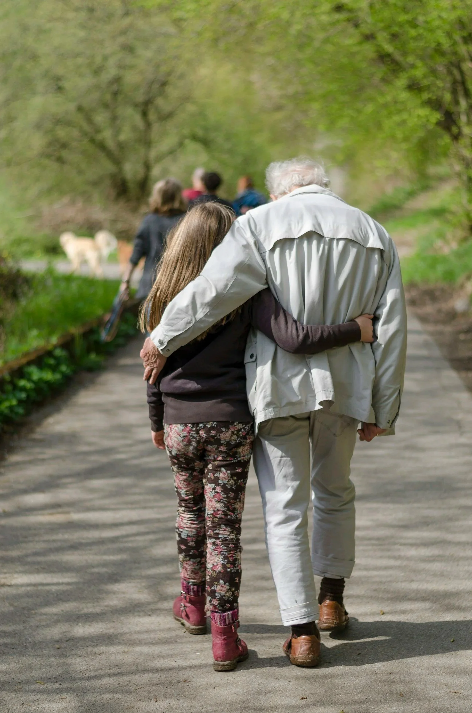An elderly man and a young girl walking together on a park trail with other people and dogs in the background.
