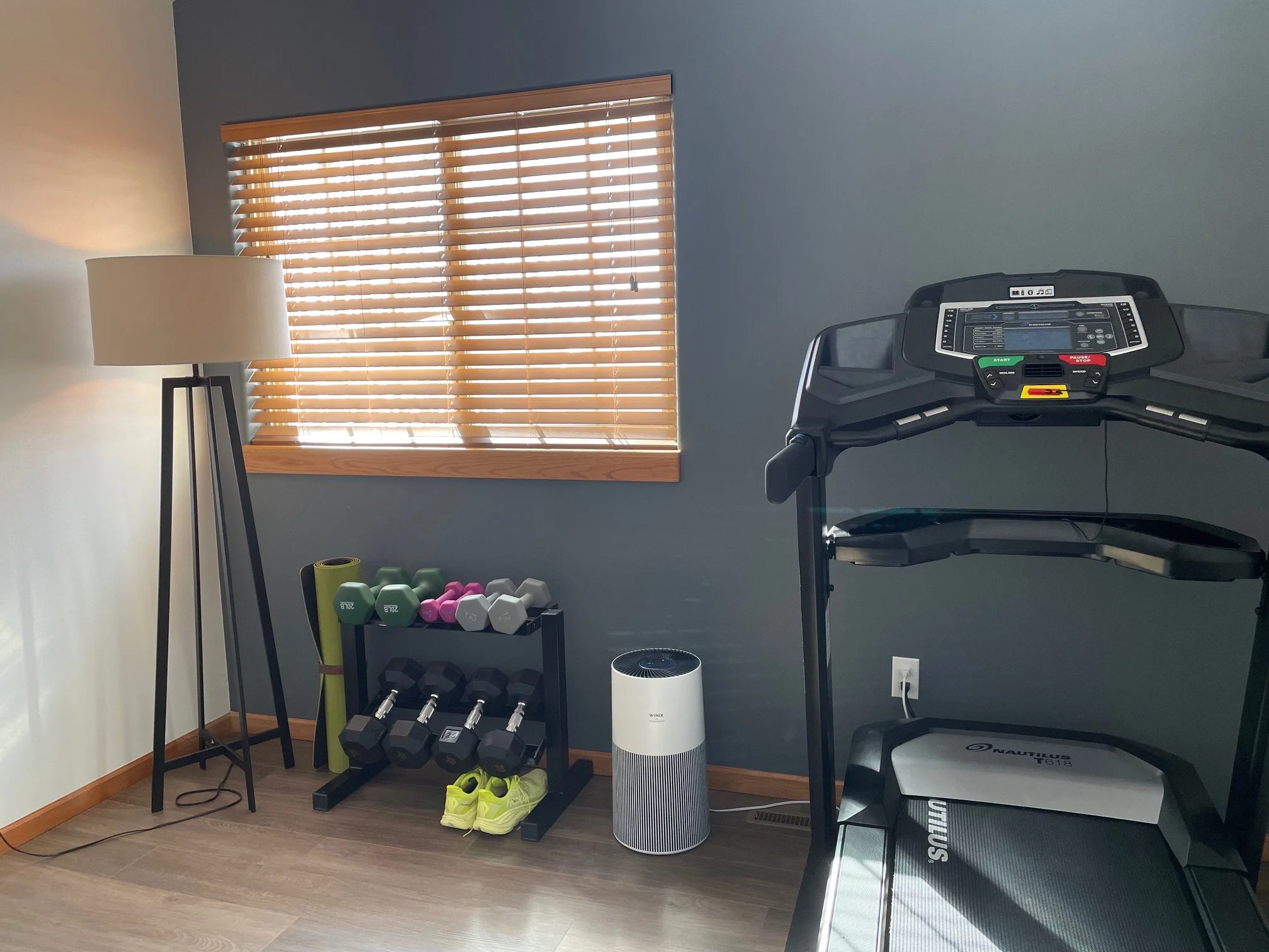 Home gym with floor lamp, sneakers, free weights, air purifier, and treadmill