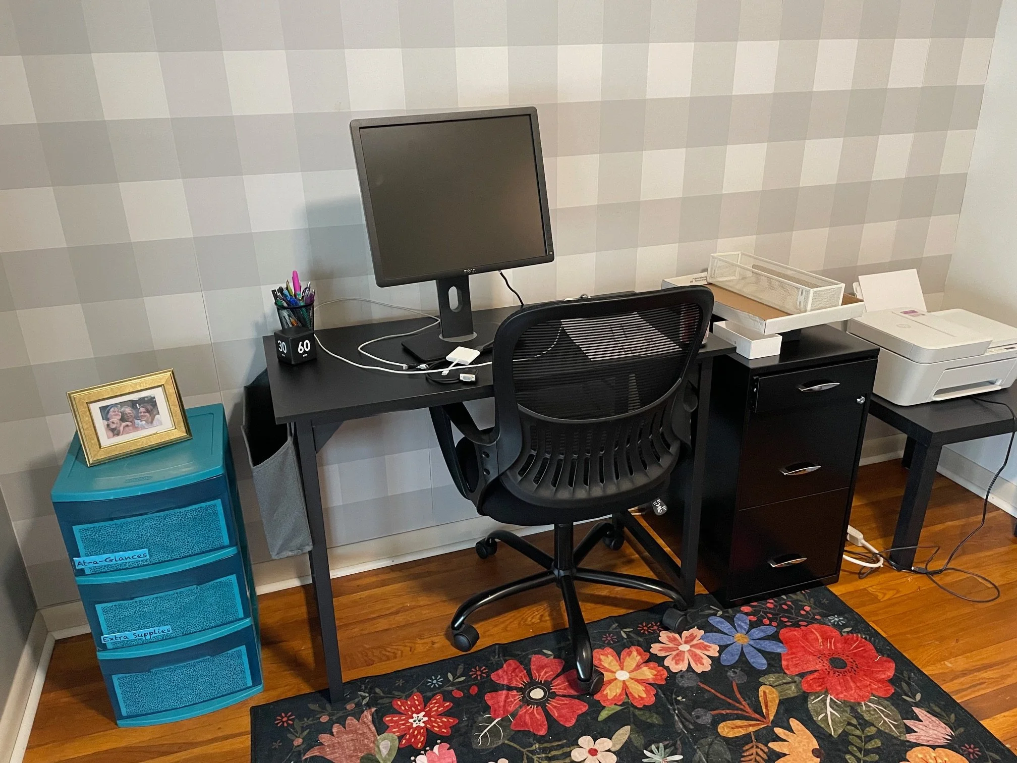 After Desk: Computer desk with plastic drawers, filing cabinet, and printer