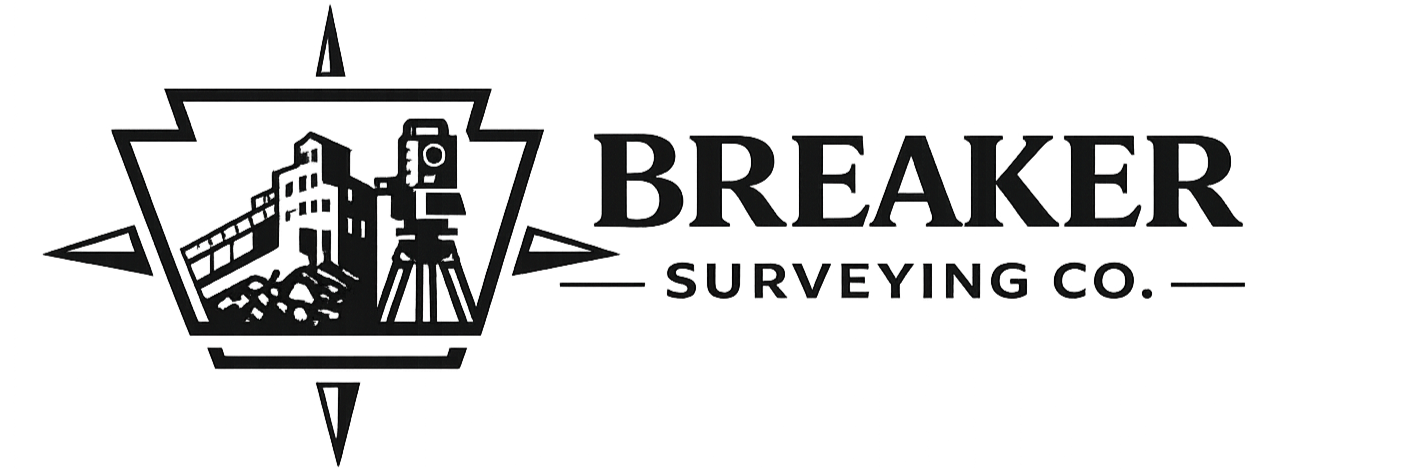 Black and white logo for Breaker Surveying Co. featuring a building, a theodolite, and a compass rose.