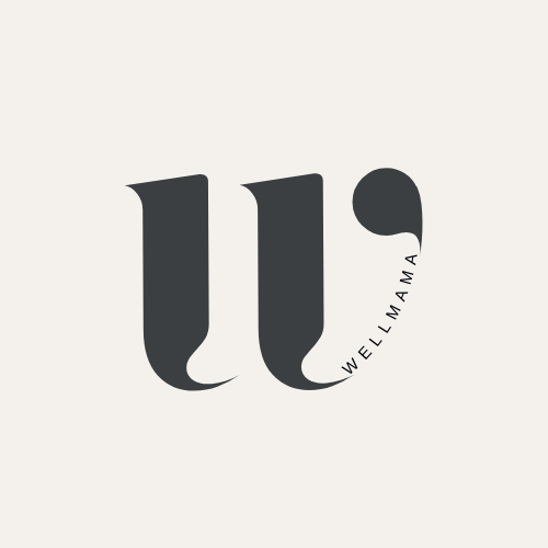 Logo with stylized black letter 'W' and the words 'WELLMAMA' arranged vertically.