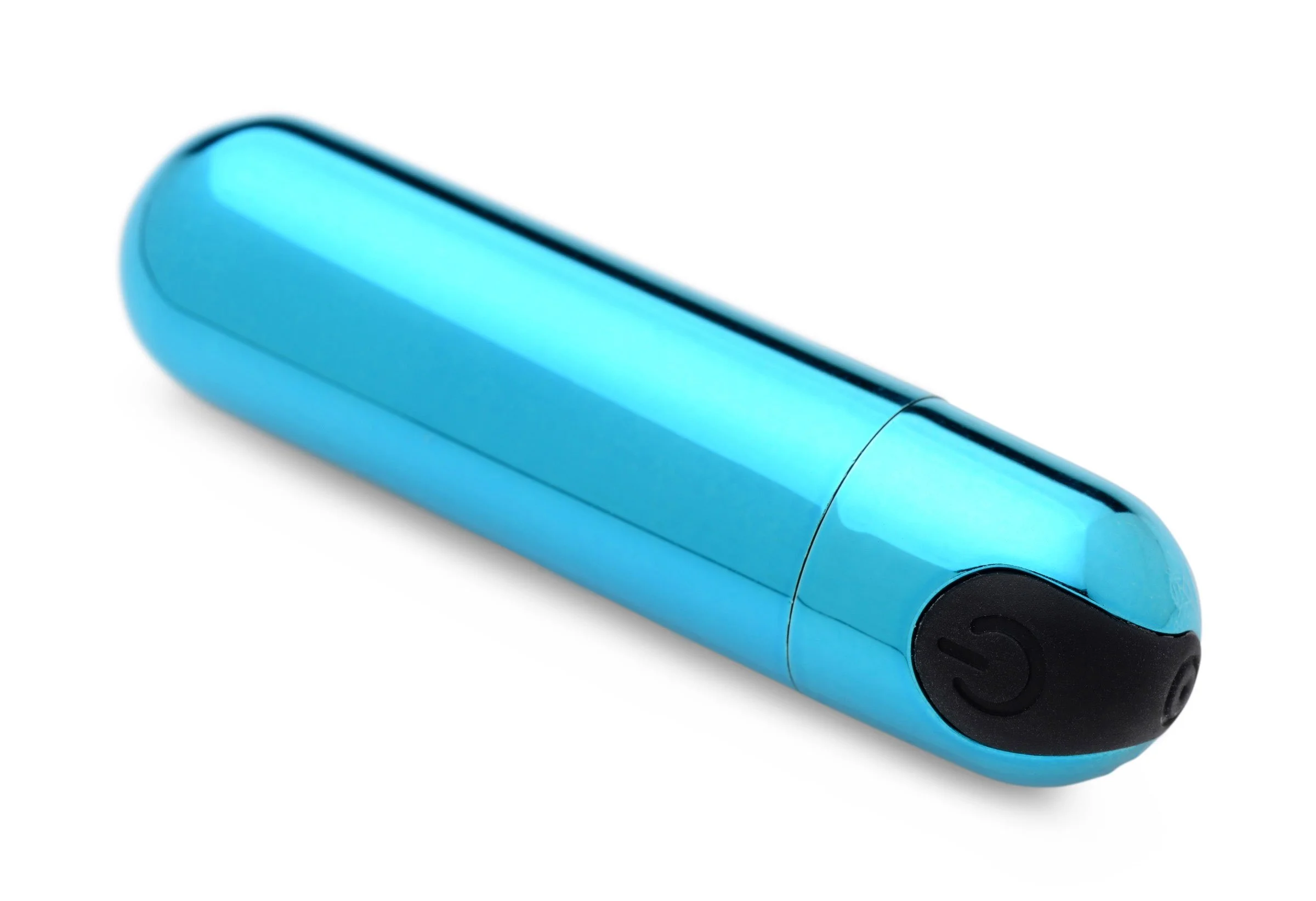 Bang! 10x Rechargeable Vibrating Metallic Bullet Blue Laying Down.jpg