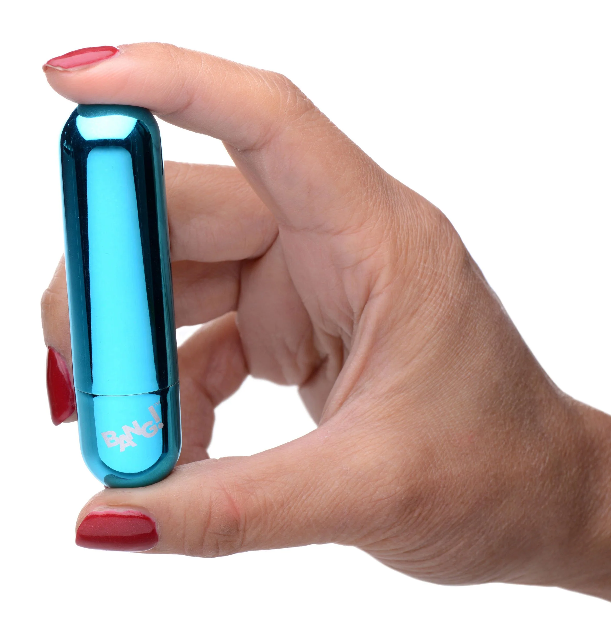Bang! 10x Rechargeable Vibrating Metallic Bullet Blue Held.jpg