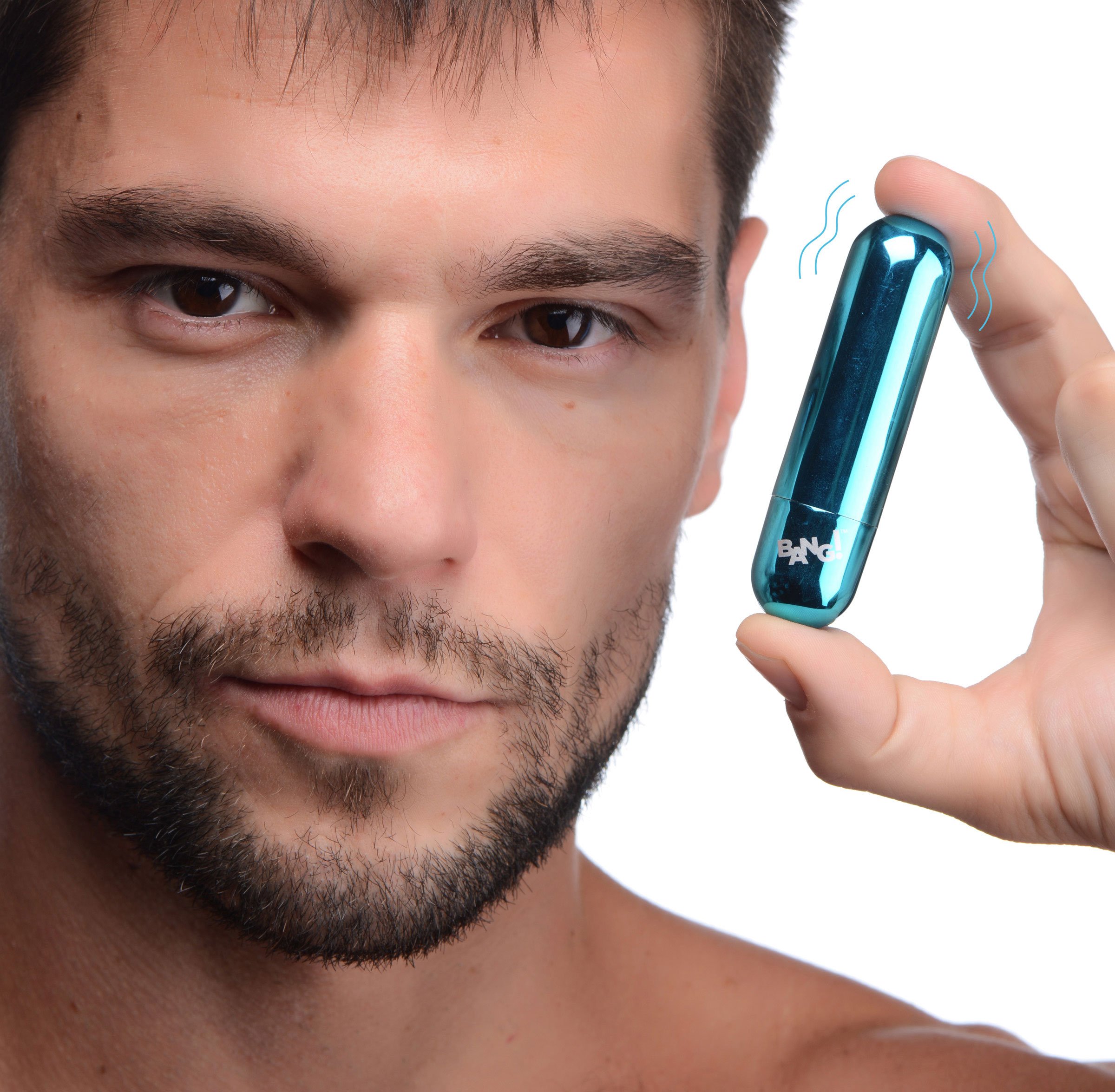 Bang! 10x Rechargeable Vibrating Metallic Bullet Blue Man Holds.jpg