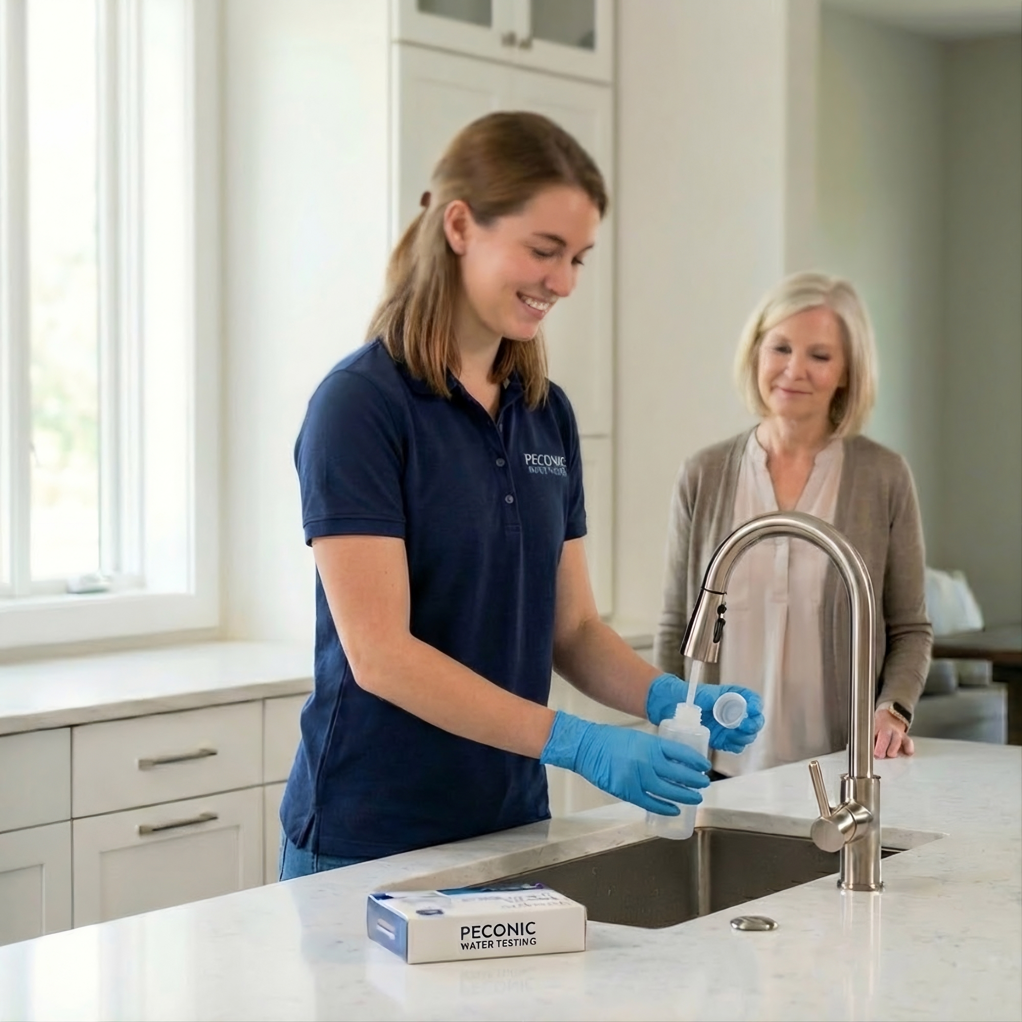 A worker from a certified laboratory obtains water samples in your home to take back to the lab to determine if contaminants are present in your drinking water.