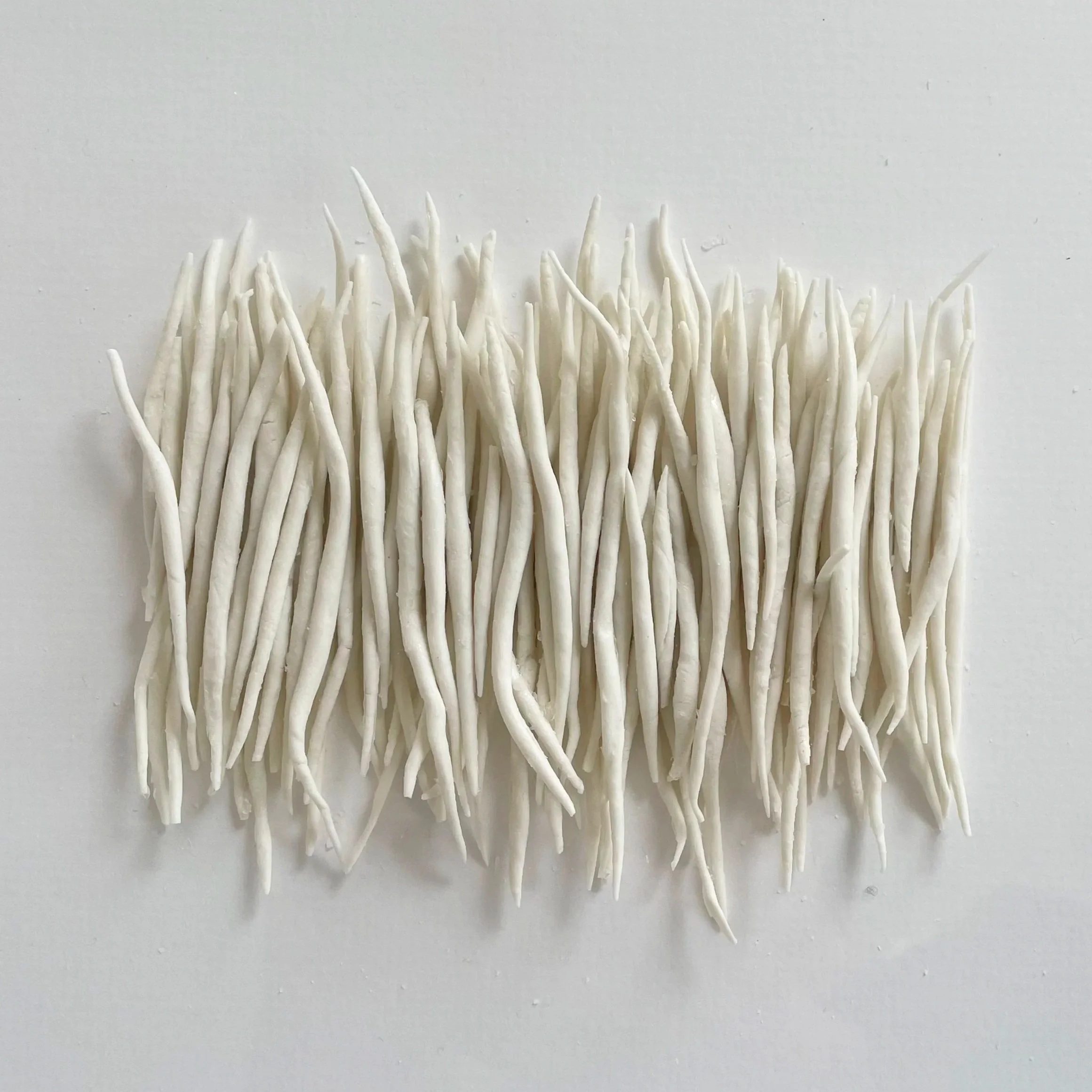Cluster of raw, white, thin, elongated bean sprouts on a white background.