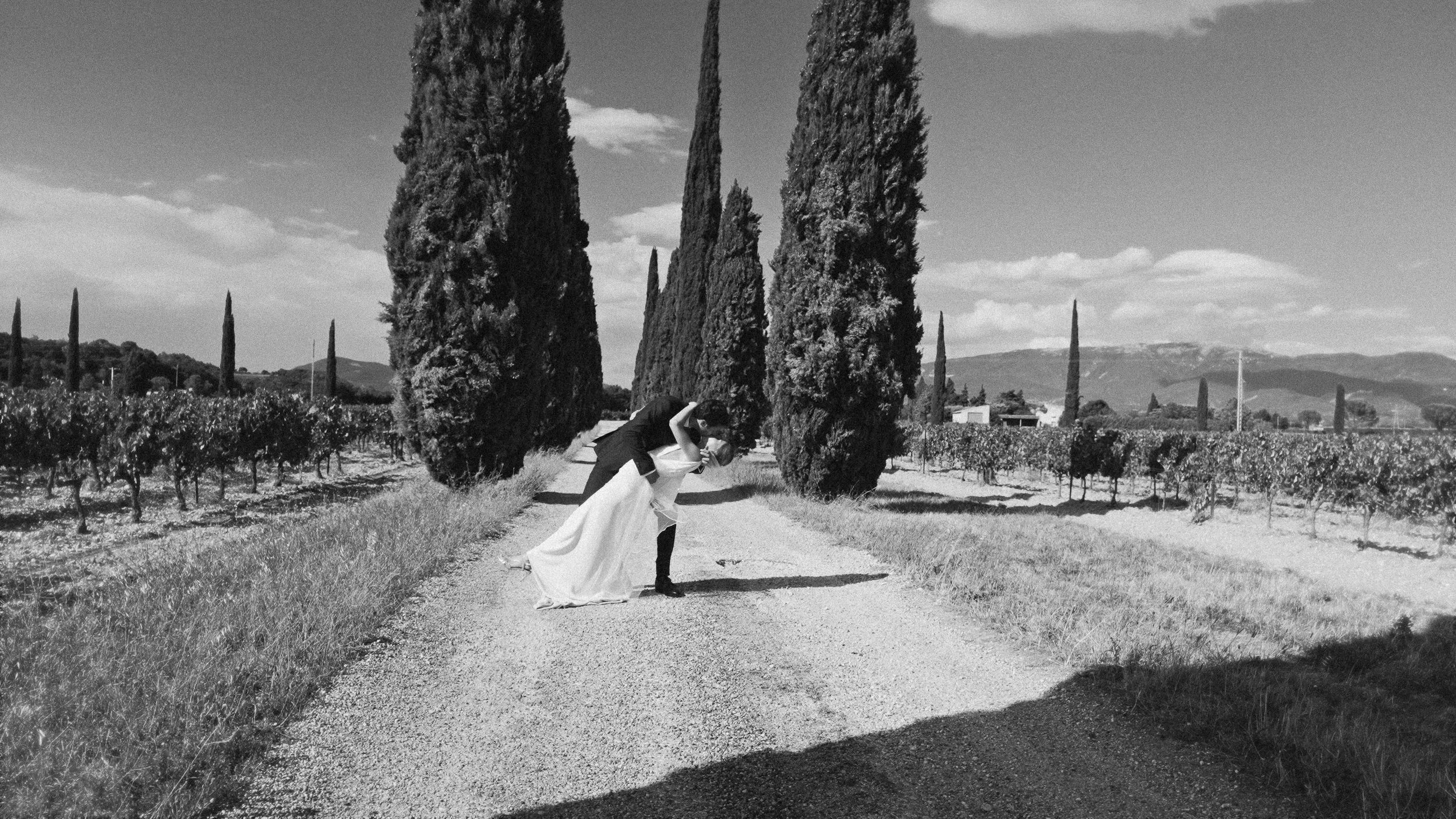 Un couple de mariés danse sur une allée bordée de grands cyprès dans un paysage rural avec des vignobles et des montagnes en arrière-plan.