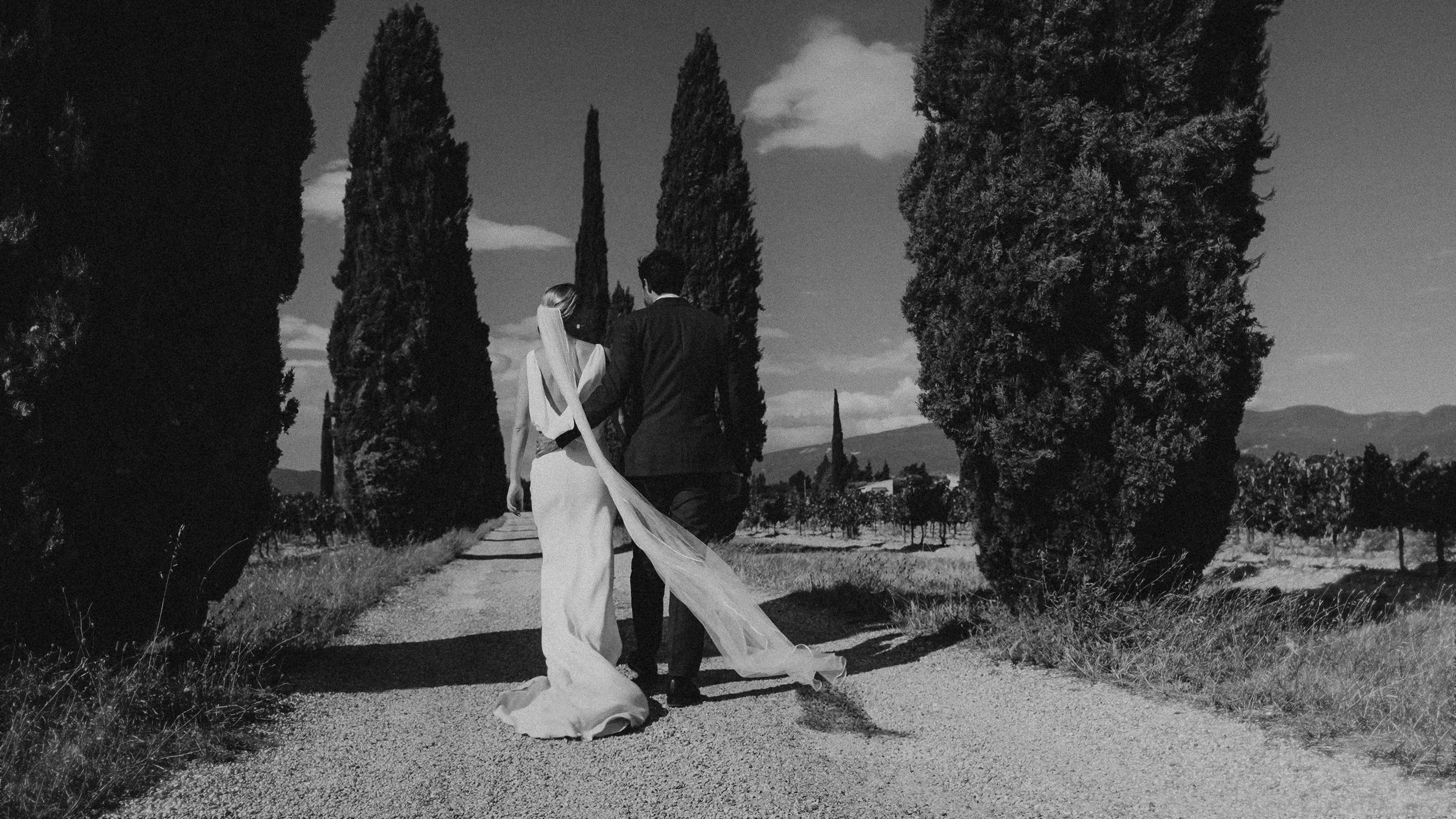 Un couple de mariés marchant ensemble sur un chemin bordé d'arbres, dans un paysage rural, avec des montagnes à l'horizon, photographié en noir et blanc.